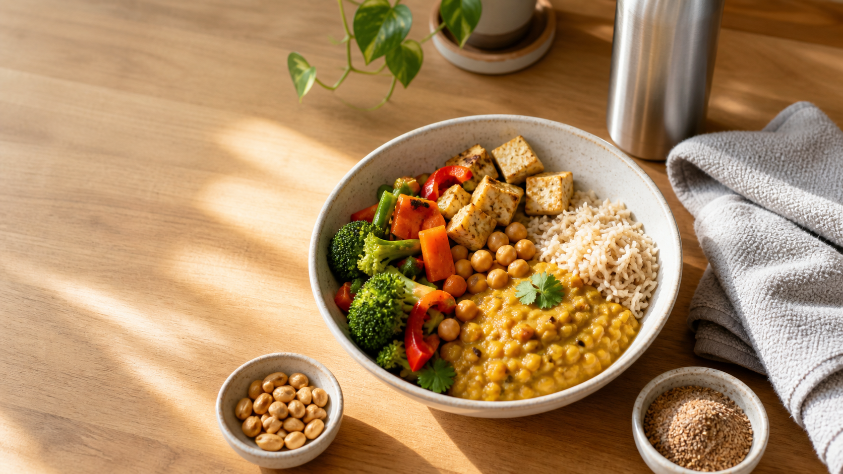 Bowl of lentils, chickpeas, tofu, brown rice, vegetables, peanuts and flaxseed beside a gym towel and water bottle