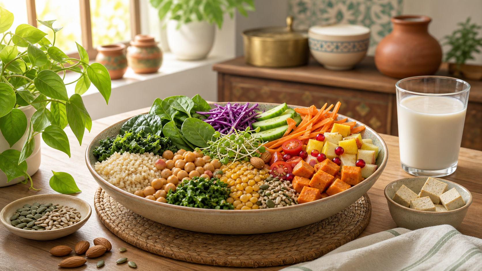 Colourful bowl of vegetables, chickpeas, whole grains, tofu, nuts and seeds on a sunlit kitchen table